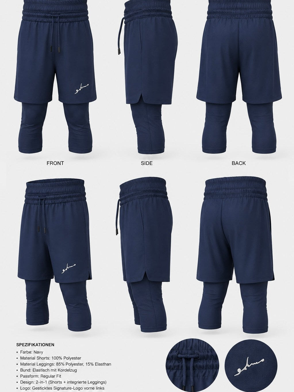 Short de performance Awrah Muslimu bleu marine – vues et détails de la matière